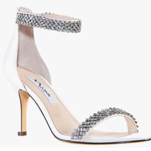 Nina Ivory Rhinestone Ankle Strap Vauna Almond Toe Stiletto Zip-Up Heels